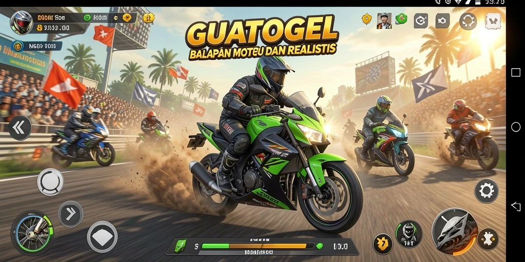 Screenshot utama GUATOGEL menampilkan balapan motor yang seru dan grafis menakjubkan.