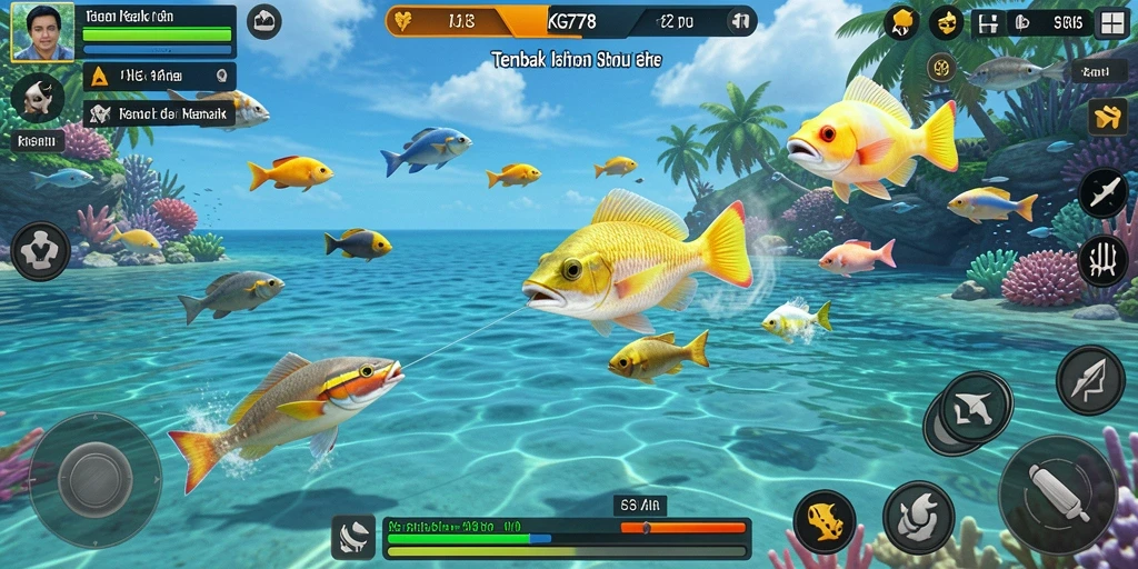 Screenshot KG778 menampilkan aksi seru menembak ikan di lautan.