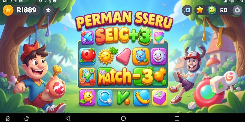 Tampilan gameplay seru Match-3 RI889 dengan kombinasi warna yang menarik.