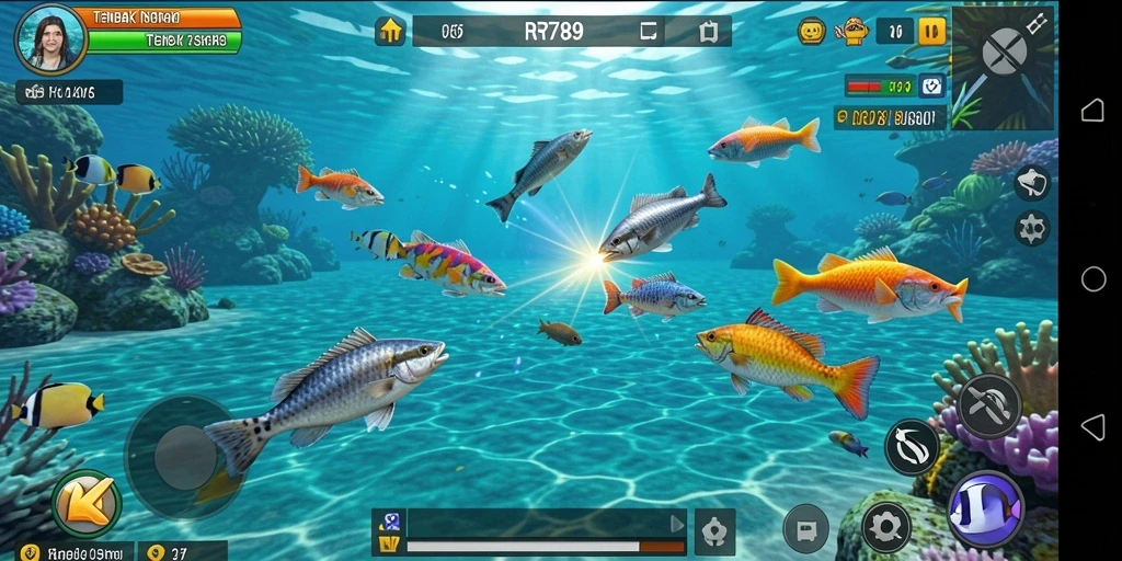 Screenshot gameplay Tembak Ikan RR789 dengan ikan berwarna-warni.