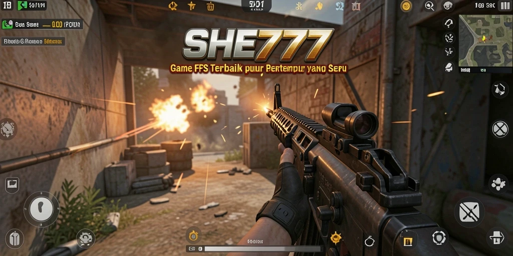 Tangkapan layar gameplay SHE777 yang penuh aksi tembak-menembak.