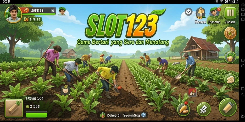 Screenshot dari SLOT123 yang menampilkan aktivitas bertani yang seru.