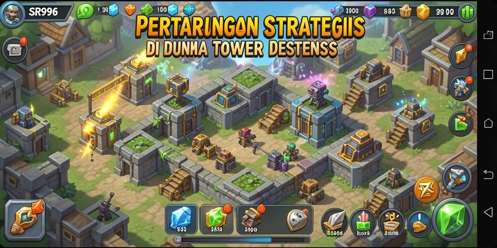 Tangkapan layar gameplay SR996 menampilkan pertahanan menara yang strategis.