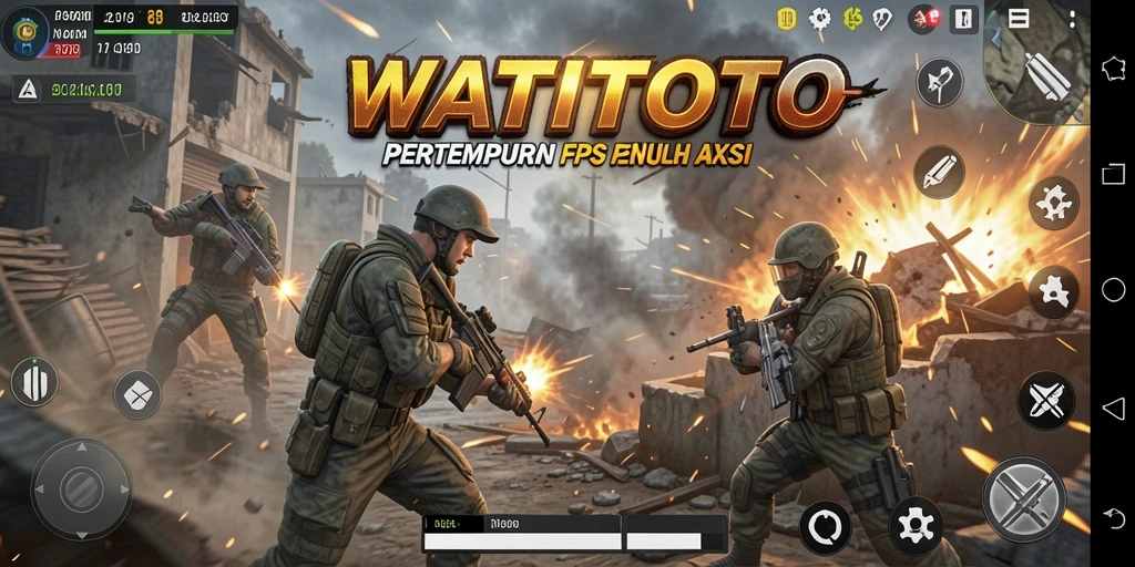 Tangkapan layar gameplay <strong>WATITOTO</strong> menunjukkan pertempuran FPS yang intens dan mendebarkan.